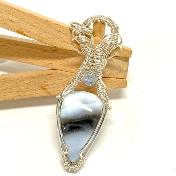 HANDMADE Blue Opal and Crystal Hand Wrapped Statement Pendant, Gift for Woman - Picture 6 of 10